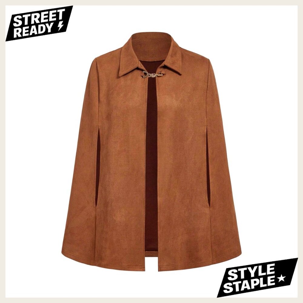 Suede Cape Jacket Collared Open Front Vintage Outerwear Coat